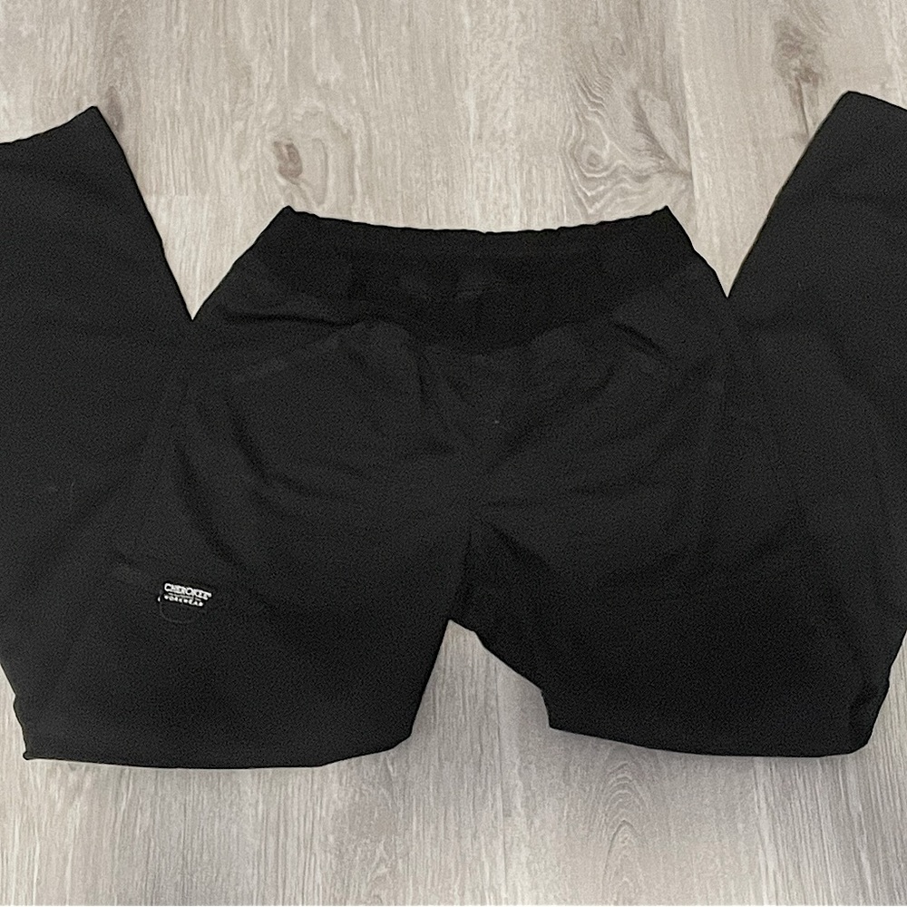 Black, scrub-like pants, baggy
